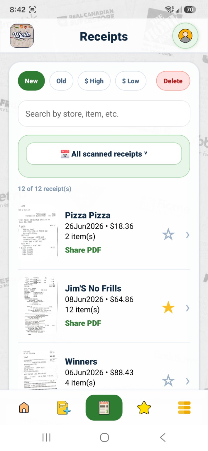 WURIN receipts list and search