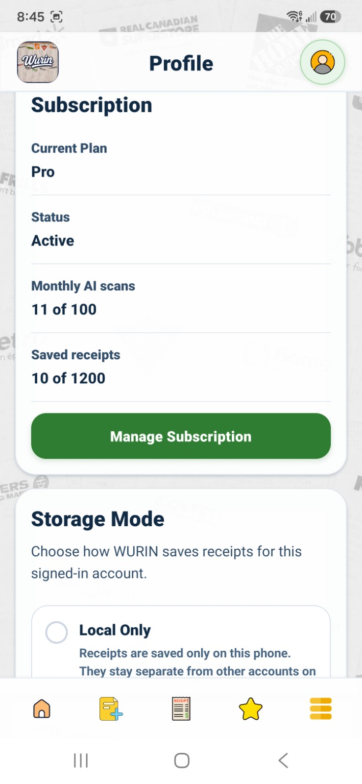 WURIN subscription and storage profile