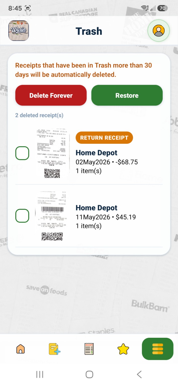 WURIN trash and receipt restoration